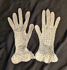 Paire de Gants Anciens, Collerette Motif Roses, Filet Au Crochet, pour Enfant
