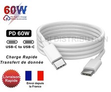 Cable USB-C Type C vers USB-C pour charge rapide, transfert données, blanc