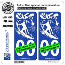 2 Stickers autocollants plaque immatriculation Auto : Surfeur - White