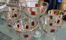 Service Salade De Fruits Verre Translucide Decors Cubique Emaillé Doré 