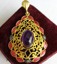 PENDENTIF ANCIEN VERMEIL ARGENT MASSIF OR 18K  AMETHYSTE ET 3 VRATS DIAMANTS