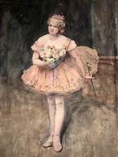 Dessin Ancien Portrait  Ballerine Danseuse  Aquarelle Original Antique Drawing