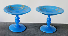 BACCARAT Paire de Coupelles à Bijoux sur Pied en Opaline Bleu Epoque 19ᵉ.