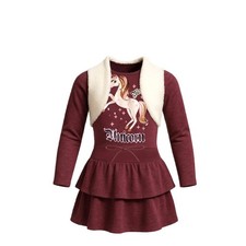 NEUF Robe FILLE manches longues bordeaux – Motif licorne rose – Taille 2 à 12 an