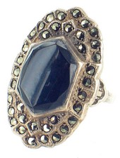 Ancien Argent Art Déco Marcassite Onyx Ovale Fantaisie Bague Pretty ! Taille 6.5