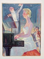 Tableau Ancien Huile Papier Le Concert Musiciens Piano Violon