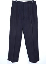 French 1940s Dark Blue Striped Wool Tailor Made Pleated Pants W33 Made in France