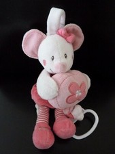 D2. DOUDOU PELUCHE MUSICAL NICOTOY KIABI SOURIS ROBE ROSE FLEUR PATTE RAYEE  BE