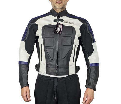 Veste moto cuir bleue - de,