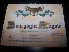 étiquette Bourgogne Aligoté Domaine Jean François COCHE DURY wine label burgundy