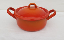 ANCIENNE PETITE COCOTTE FAITOUT MARMITE EN TOLE EMAILLEE ORANGE VINTAGE