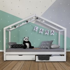 Cadre de Lit Maison 90x200 Cabane d'Enfant Sommier Blanc 2 Tiroirs Homestyle4u