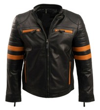 Blouson motard homme cuir véritable noir rayé orange vintage rétro café...