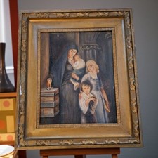 Huile sur toile religieuse XIXe style, mère & enfants, cadre doré, signé daté