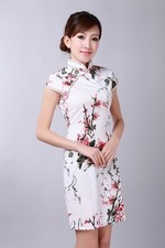 Mini Robe Chinoise Qi-Pao Blanc/Rose/Noir en Coton fin Imprimé T40XL