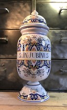 Grand Bocal Apothicaire Faïence Desvres Décor Rouen Main Signé Delarue H 39,5 Cm