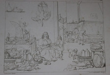 ancienne gravure d' apres DAVID TENIERS par ZEELANDER XIXe interieur de cuisine