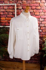 Vintage Original 80er 90er Chemisier Blanc Satin Dentelle Or Romantique 48