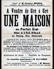 L'ILE D'ELLE (85) AFFICHE / VENTE IMMOBILIERE MAISON & HANGAR vers 1930