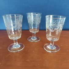 3 VERRES A VIN EN VERRE SOUFFLE EPAIS GRAVES A L'ACIDE 19ème H.13CM