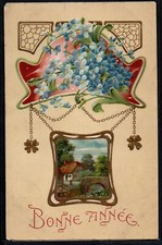 BD185 ART NOUVEAU Bonne Année MYOSOTIS Paysage FANTAISIE Gaufrée 1906 KOPAL