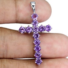 925 Argent Sterling Pendentif Rond Améthyste 4mm Croix Gemmes Naturelles Bijoux