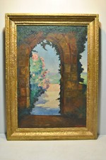 Tableau peinture porte ruine ancienne mur fleuri fleur lierre plante grimpante