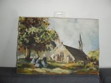 TABLEAU BRETON BIGOUDENES DEVANT CHAPELLE SIGNE