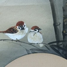 ROULEAU SUSPENDU PEINTURE JAPONAISE JAPON ANCIEN MOINEAU OISEAU VINTAGE BAMBO...