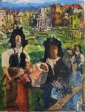 Huile  signée Osnophla – Scène villageoise avec femme A La cruche 35x27
