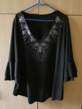 NEUF Chemisier Haut Tunique Femme Taille 2XL Noir STRASS Blanc GRAND DECOLLETE