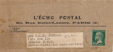 BANDE JOURNAL 30C PASTEUR L'ECHO POSTAL PARIS CURAÇAO ANTILLES HOLLANDAISE COVER