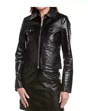 Manteau femme en cuir de vache véritable croco gaufré noir Crop Jacket imprim...