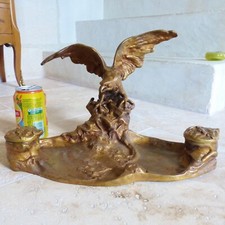 Signed Albert MARIONNET : SUPERB LARGE ANTIQUE EAGLE OAK BRONZE INKWELL 1880's