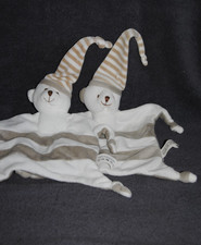 🍀Doudou Plat Ours CREDIT MUTUEL Blanc Rayé Beige Gris Taupe Mouchoir Lot de 2