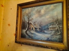 ANCIEN ET SUPERBE tableau huile sur toile barbizon paysage neige signé cadre N 2