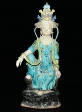 11" Old Chinese Underglaze Color Porcelain Buddhism Kwan-yin Guan Yin Sit Statue