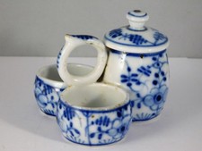 ANCIEN SALERON MOUTARDIER EN PORCELAINE   DECOR FLORAL BLEU  W280H