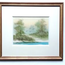 Paysage Envol de canards sur un étang Tableau 20e aquarelle signé Cadre