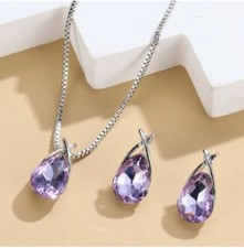 Parure Collier Boucles d'Oreilles Gouttes d'Eau Larme Violette - Bijoux des Lys