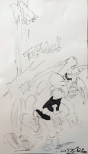 UDERZO - Dessin original signé - Astérix boxant un Romain. Grand format 30 x 50