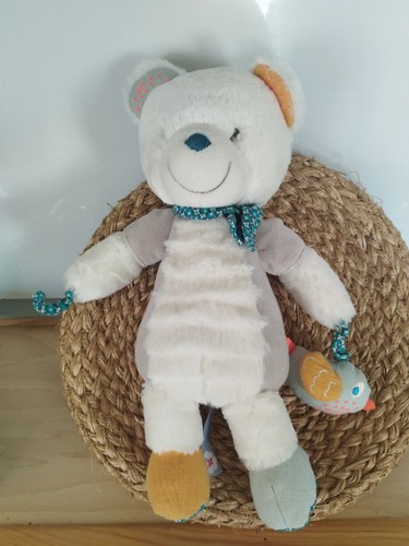 Peluche ours blanc gris oiseau