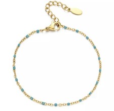 Bracelet de cheville Acier Or Perles Résines Bleu, Perles Email Turquoise