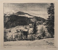 MARCEL ROCHE (1890-1959) Gravure Ancienne Paysage Enneigé Montagnes Neige Sapin