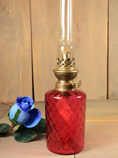 Antique French Table Oil Lamp Cranberry Pink Glass Quilted Font Victorian c1880