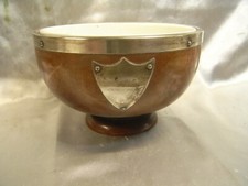 ANCIEN BOL SALADE COUPE FRUIT BOIS PORCELAINE METAL ARGENTE ART CENTRE DE TABLE