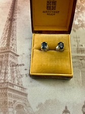ANCIENNES  BOUCLES D'OREILLES ARGENT MASSIF OR - VÉRITABLE SAPHIR BLEU 1 CARAT
