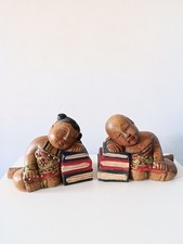 Vintage Paire Serre Livres Bois Enfant Asie Bois Sculpté Main Brocante Curiosité