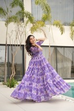 Robe Anarkali Imprimée En Faux Georgette Indienne Pour Fête