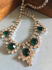 Ancien Collier Style Art Déco Argenté Imitation Rivière de Diamants &  Emeraudes